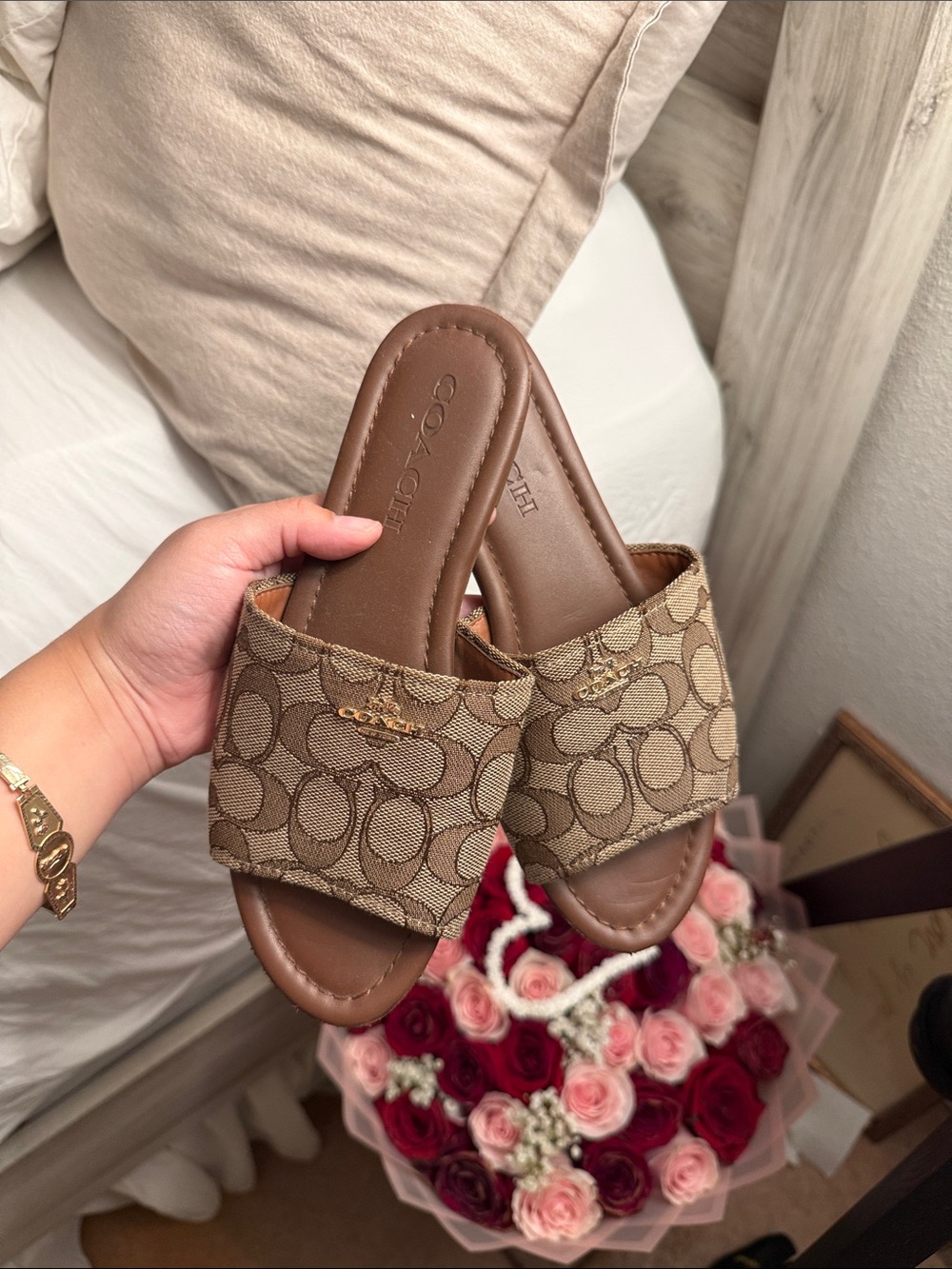 Coach Tan Brown Signature Canvas Slide Sandals